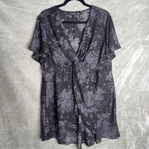 Torrid Faux Wrap Faux-Sleeve Tunic Top Black Floral Pink Sparkle Hi-Lo Size 2